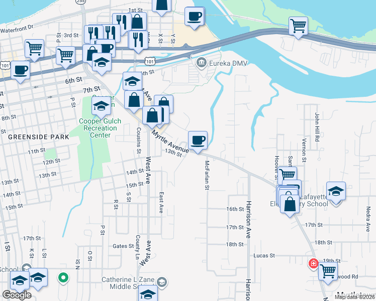 map of restaurants, bars, coffee shops, grocery stores, and more near Myrtle Avenue & Sunny Avenue in Eureka