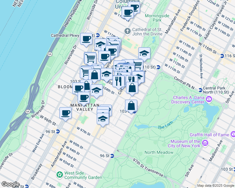 map of restaurants, bars, coffee shops, grocery stores, and more near 900 Columbus Avenue in New York