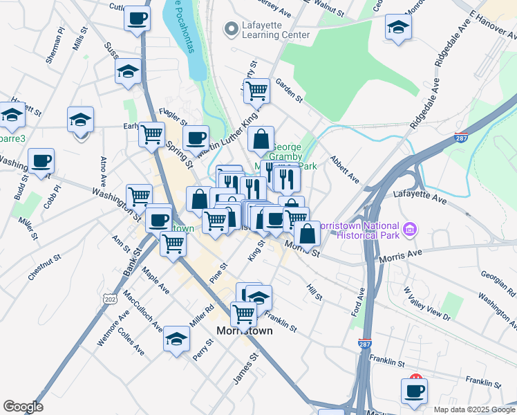 map of restaurants, bars, coffee shops, grocery stores, and more near 10 Lafayette Avenue in Morristown