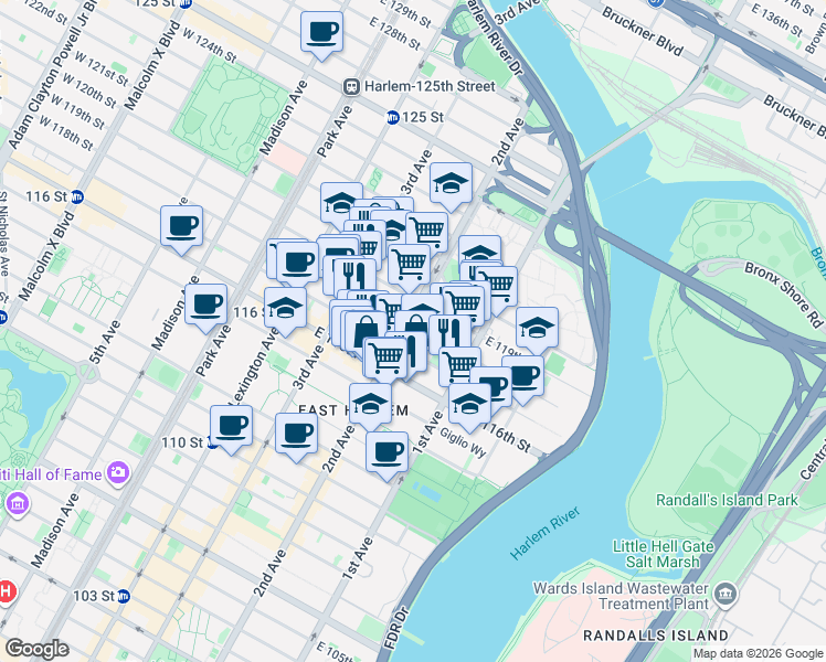 map of restaurants, bars, coffee shops, grocery stores, and more near in New York
