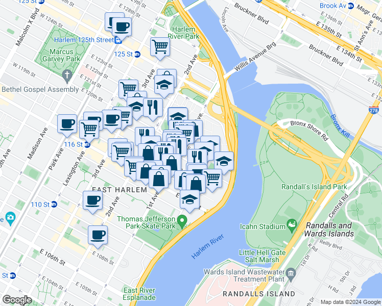 map of restaurants, bars, coffee shops, grocery stores, and more near in New York