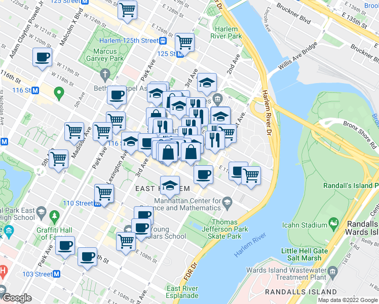 map of restaurants, bars, coffee shops, grocery stores, and more near 2306 2nd Avenue in New York