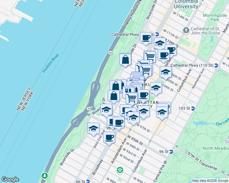 map of restaurants, bars, coffee shops, grocery stores, and more near 325 West 100th Street in New York