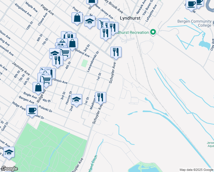 map of restaurants, bars, coffee shops, grocery stores, and more near 719 Olive Street in Lyndhurst