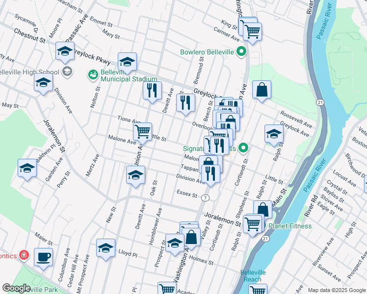 map of restaurants, bars, coffee shops, grocery stores, and more near 128 Linden Avenue in Belleville