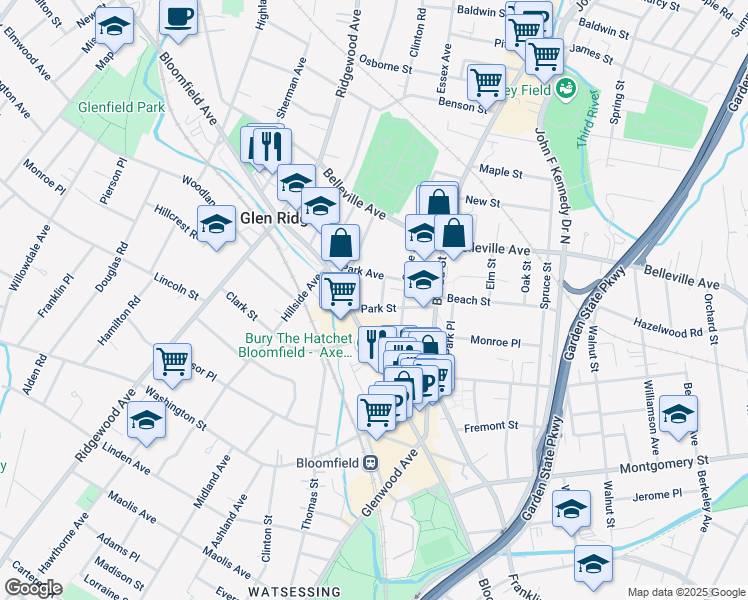 map of restaurants, bars, coffee shops, grocery stores, and more near 735 Bloomfield Avenue in Bloomfield