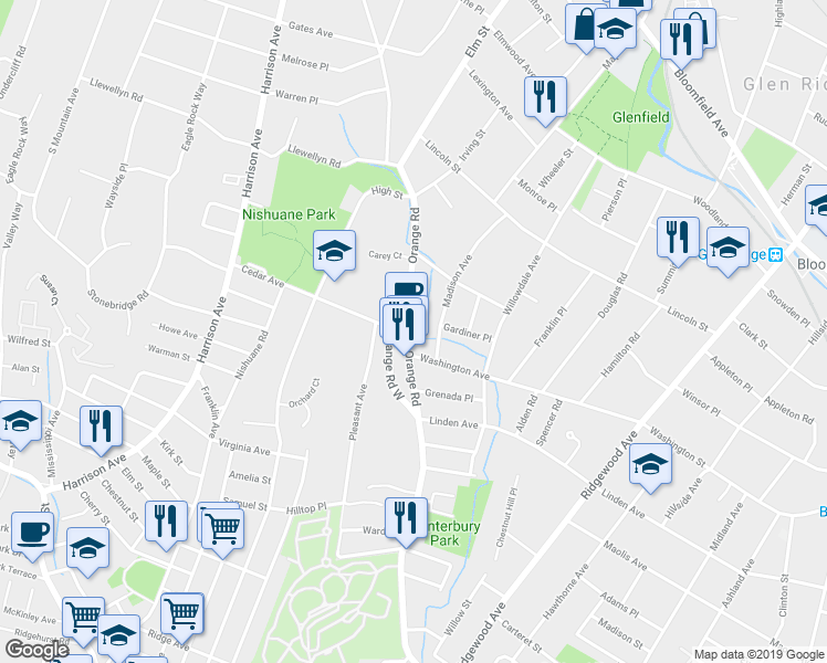 map of restaurants, bars, coffee shops, grocery stores, and more near 301 Orange Road in Montclair