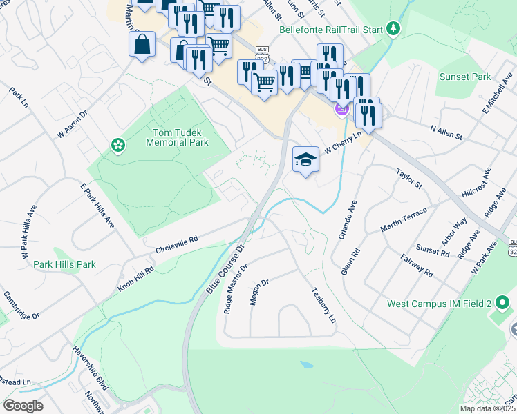 map of restaurants, bars, coffee shops, grocery stores, and more near in Park Forest Village