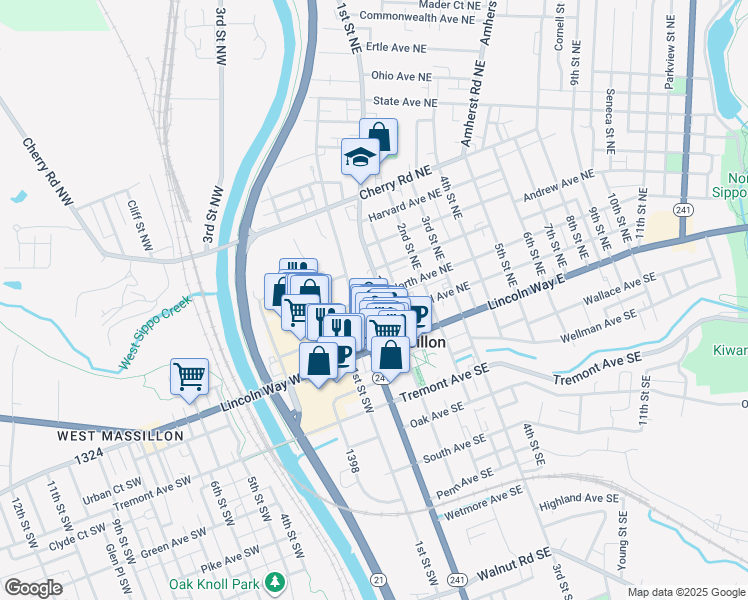 map of restaurants, bars, coffee shops, grocery stores, and more near in Massillon