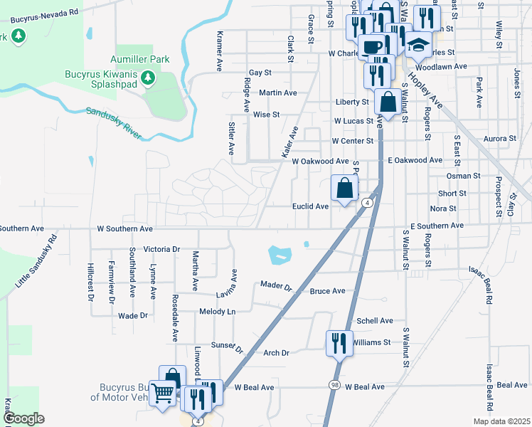 map of restaurants, bars, coffee shops, grocery stores, and more near 835 Kaler Avenue in Bucyrus
