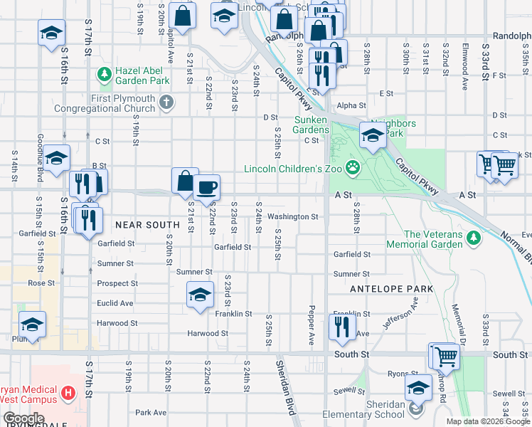 map of restaurants, bars, coffee shops, grocery stores, and more near 2432 Washington Street in Lincoln