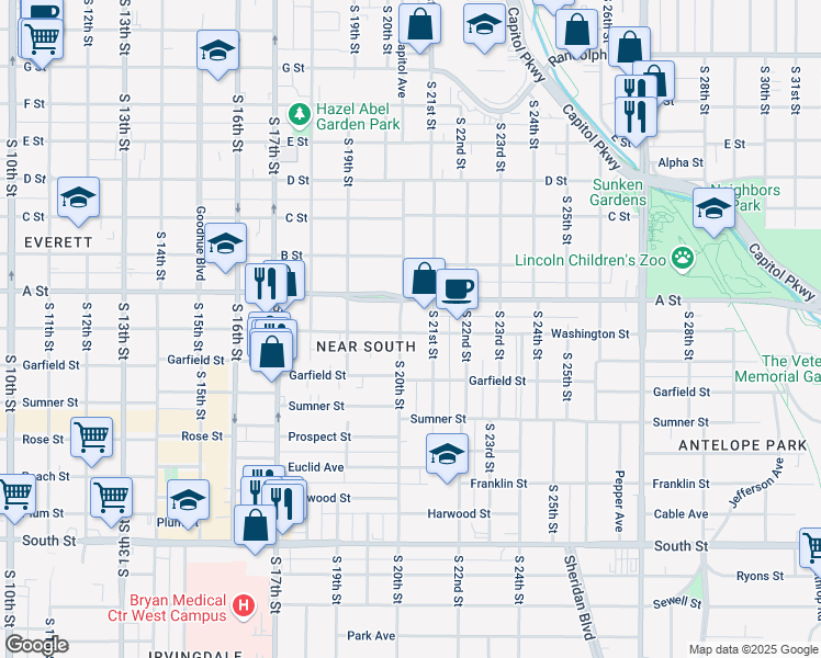 map of restaurants, bars, coffee shops, grocery stores, and more near 1418 South 20th Street in Lincoln