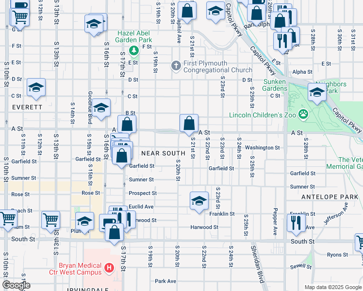 map of restaurants, bars, coffee shops, grocery stores, and more near 1422 South 20th Street in Lincoln