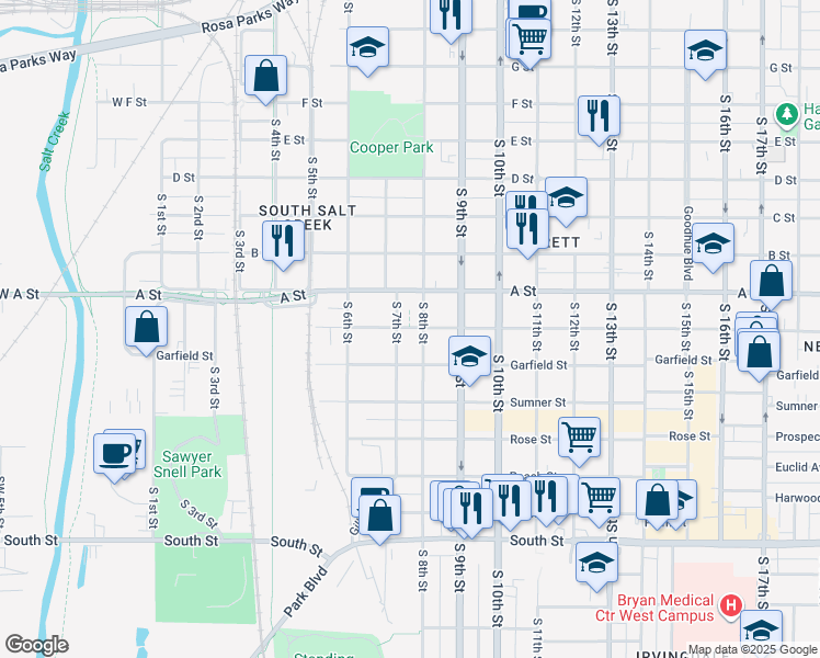 map of restaurants, bars, coffee shops, grocery stores, and more near 1432 South 7th Street in Lincoln