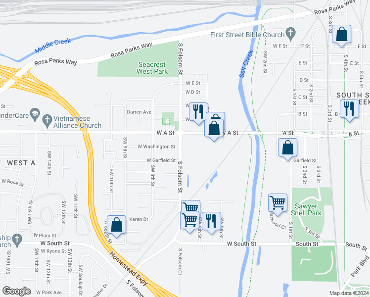 map of restaurants, bars, coffee shops, grocery stores, and more near 1421 South Folsom Street in Lincoln