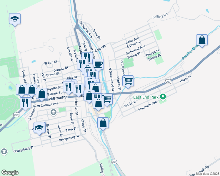 map of restaurants, bars, coffee shops, grocery stores, and more near 20 North Greenwood Street in Tamaqua