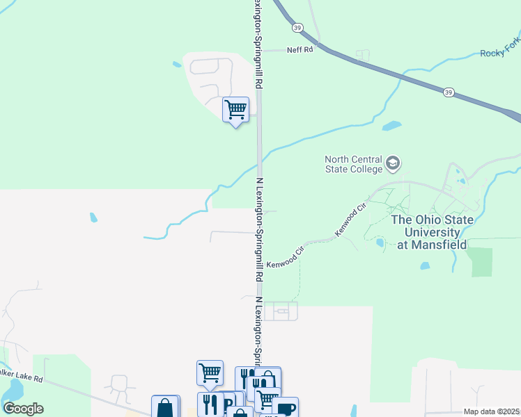 map of restaurants, bars, coffee shops, grocery stores, and more near 1678 North Lexington-Springmill Road in Mansfield