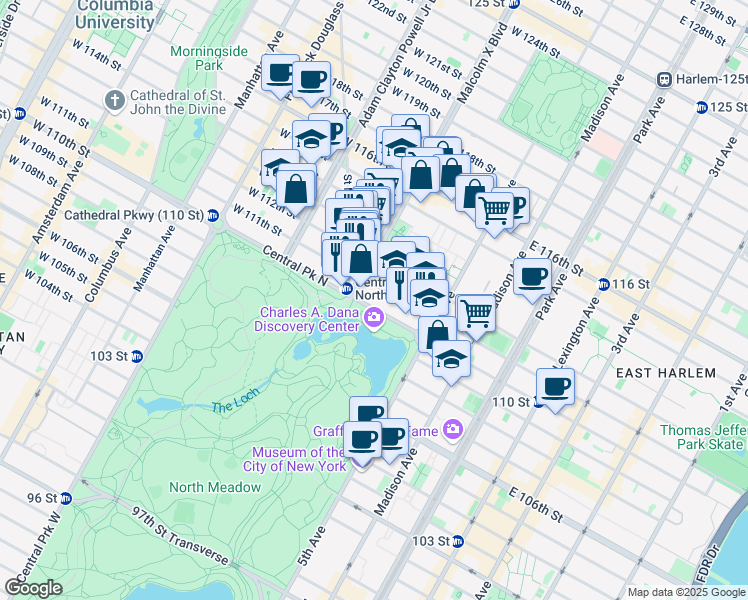 map of restaurants, bars, coffee shops, grocery stores, and more near 52 West 111th Street in New York