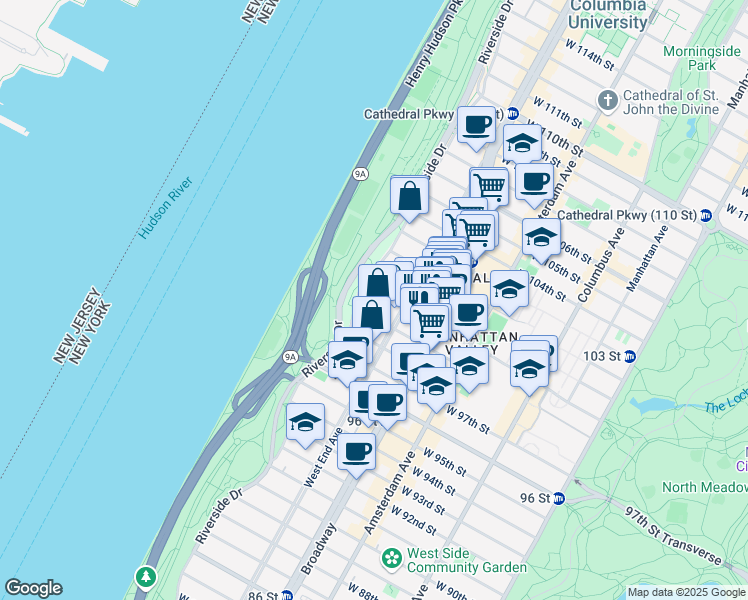 map of restaurants, bars, coffee shops, grocery stores, and more near 325 West 100th Street in New York