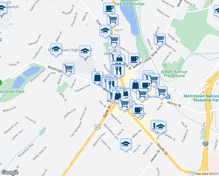 map of restaurants, bars, coffee shops, grocery stores, and more near 32 Cattano Avenue in Morristown