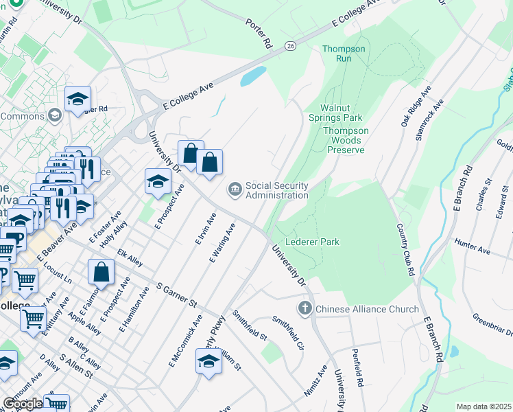 map of restaurants, bars, coffee shops, grocery stores, and more near 723 East McCormick Avenue in State College
