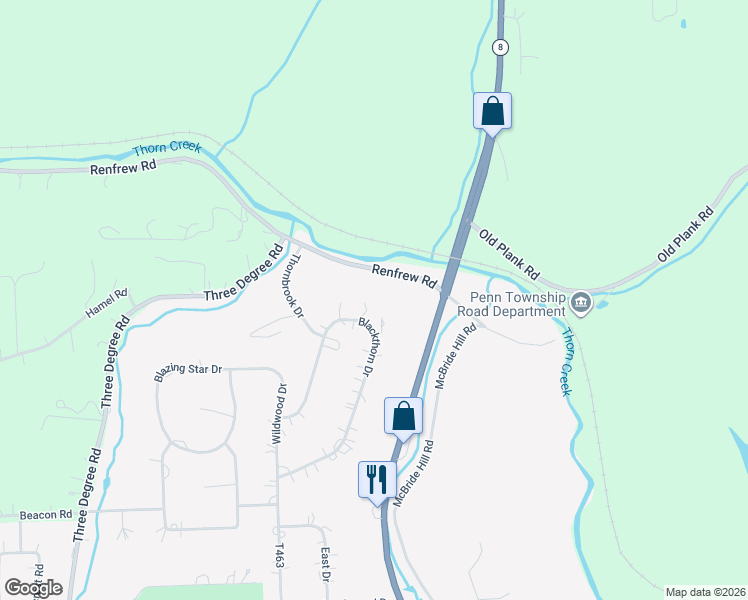 map of restaurants, bars, coffee shops, grocery stores, and more near 131 Blackthorn Drive in Butler