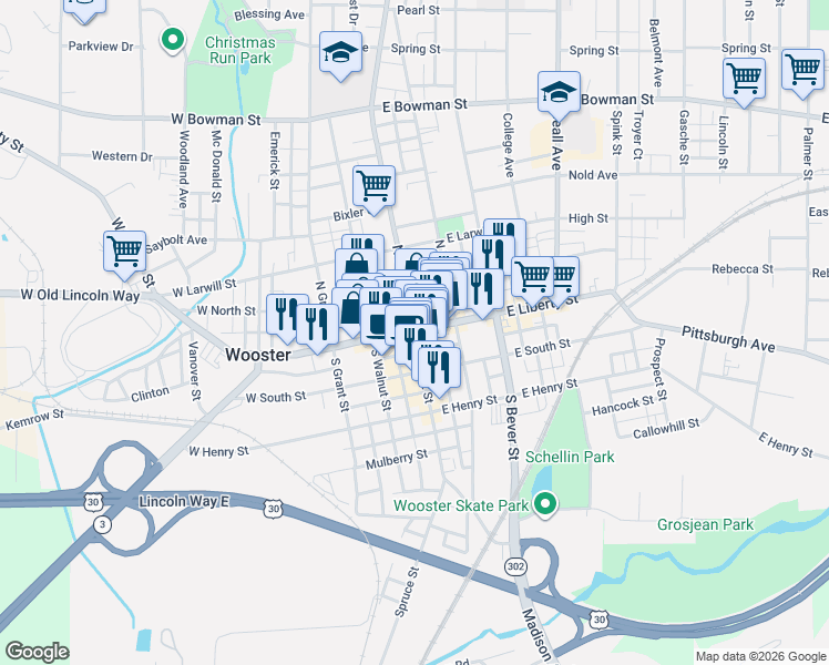 map of restaurants, bars, coffee shops, grocery stores, and more near W Liberty St & N Market St in Wooster