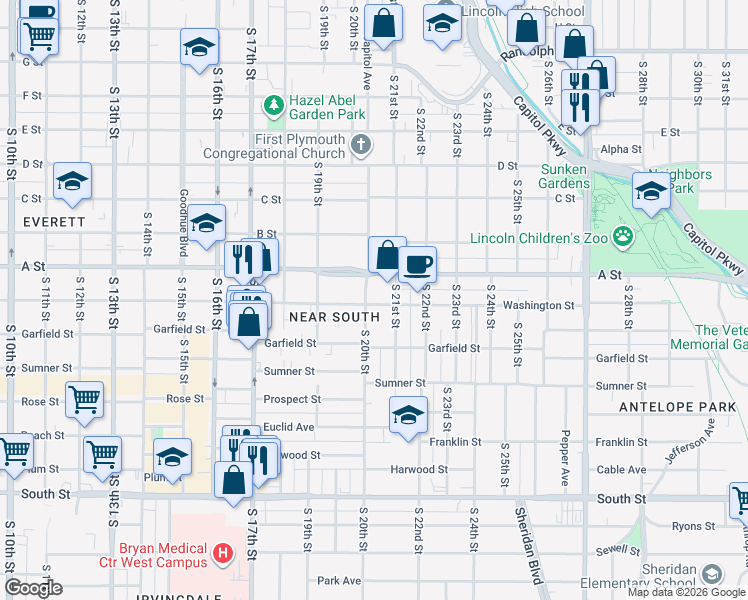 map of restaurants, bars, coffee shops, grocery stores, and more near 1418 South 20th Street in Lincoln