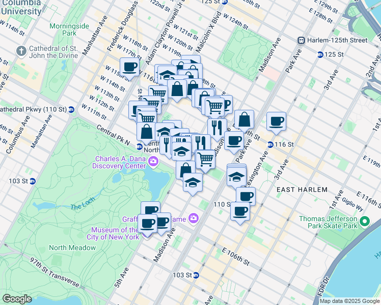 map of restaurants, bars, coffee shops, grocery stores, and more near 5th Ave & E 112th St in New York