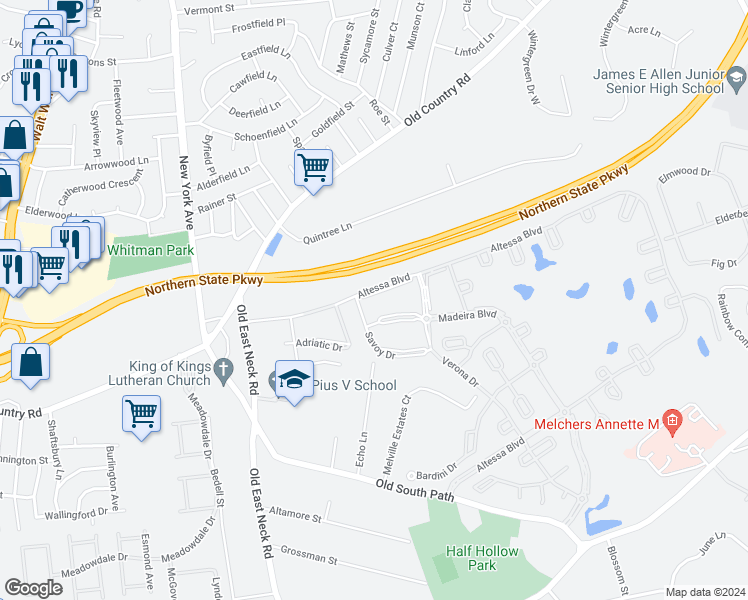 map of restaurants, bars, coffee shops, grocery stores, and more near 922 Altessa Boulevard in Melville