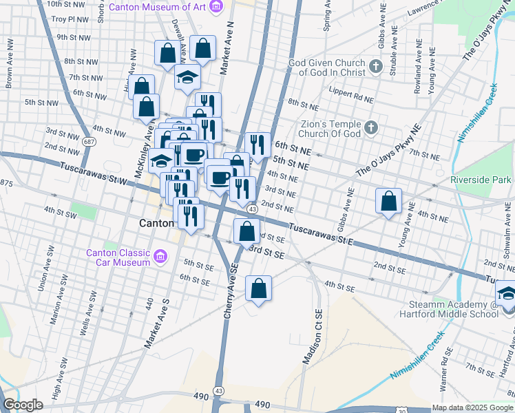 map of restaurants, bars, coffee shops, grocery stores, and more near 220 Cherry Avenue Southeast in Canton