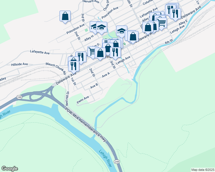 map of restaurants, bars, coffee shops, grocery stores, and more near 21 Cornell Avenue in Palmerton