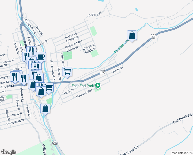 map of restaurants, bars, coffee shops, grocery stores, and more near 628 1/2 East Broad Street in Tamaqua