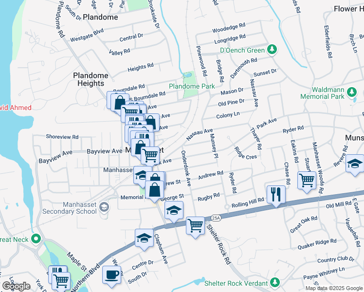 map of restaurants, bars, coffee shops, grocery stores, and more near 291 Onderdonk Avenue in Manhasset