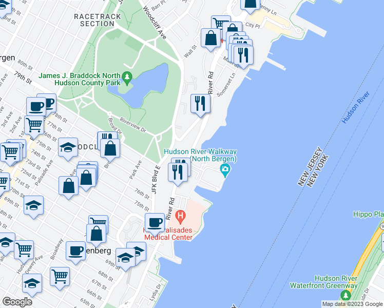 map of restaurants, bars, coffee shops, grocery stores, and more near 12760 River Road in North Bergen