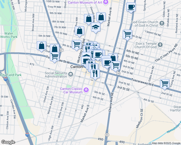 map of restaurants, bars, coffee shops, grocery stores, and more near 137 Court Avenue Southwest in Canton