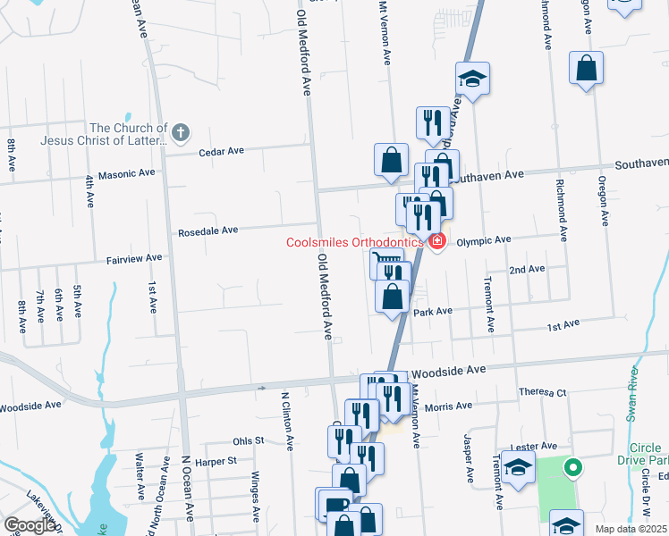 map of restaurants, bars, coffee shops, grocery stores, and more near 709 Old Medford Avenue in Medford