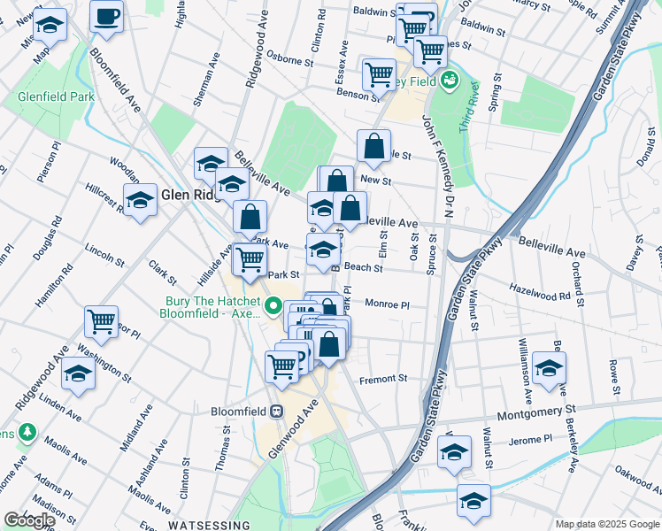 map of restaurants, bars, coffee shops, grocery stores, and more near 128 Broad Street in Bloomfield