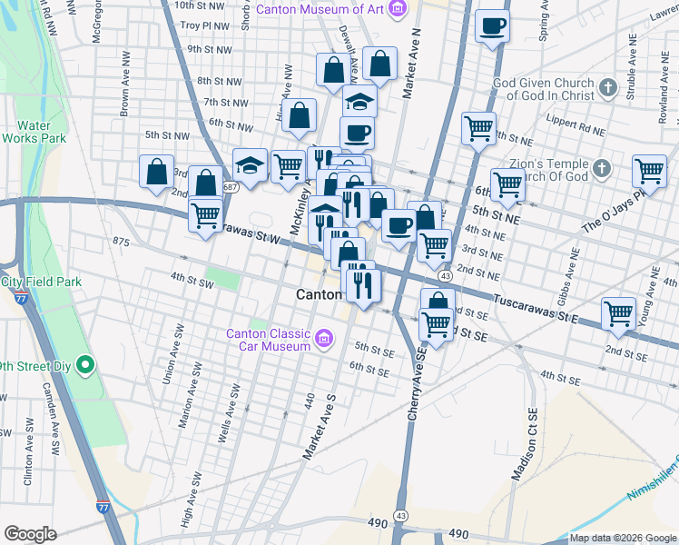 map of restaurants, bars, coffee shops, grocery stores, and more near 137 Court Avenue Southwest in Canton