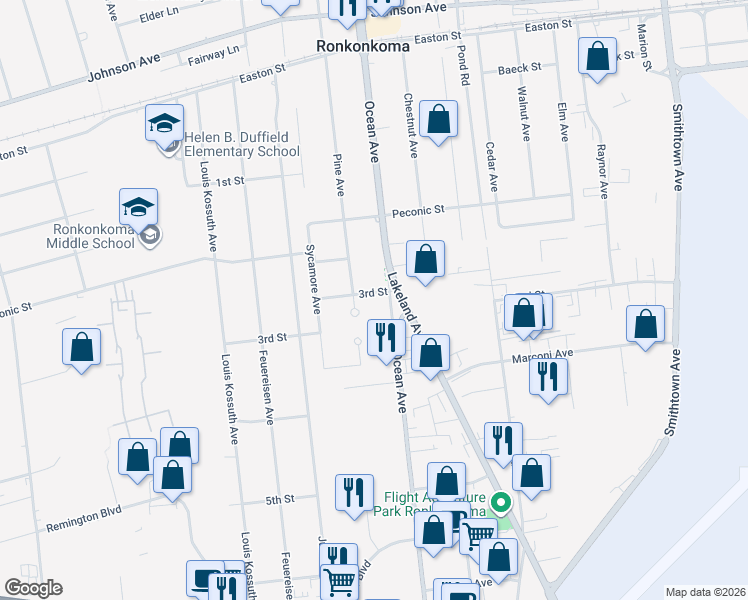 map of restaurants, bars, coffee shops, grocery stores, and more near 737 3rd Street in Ronkonkoma