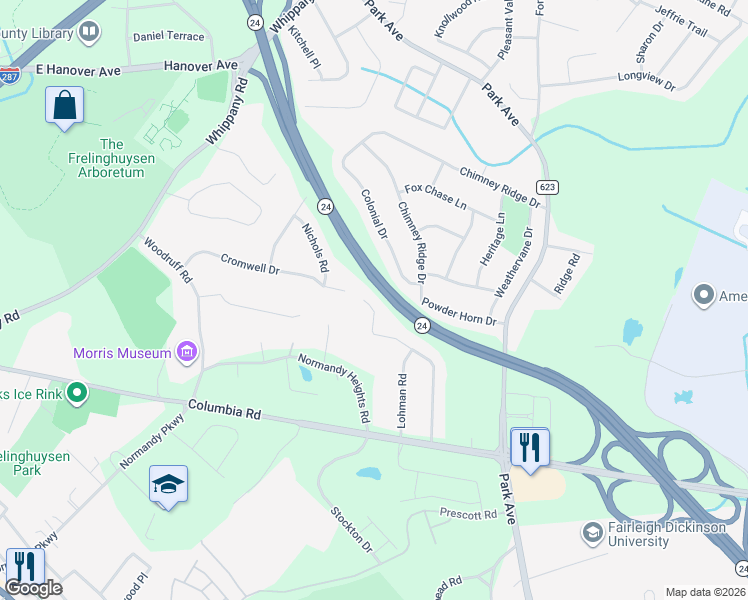map of restaurants, bars, coffee shops, grocery stores, and more near 34 Wyndmoor Drive in Morristown