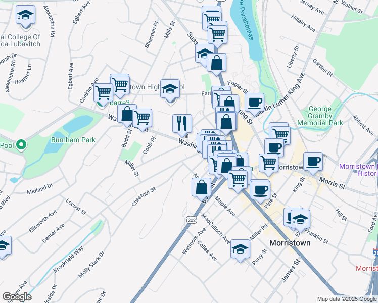 map of restaurants, bars, coffee shops, grocery stores, and more near 8 Phoenix Avenue in Morristown