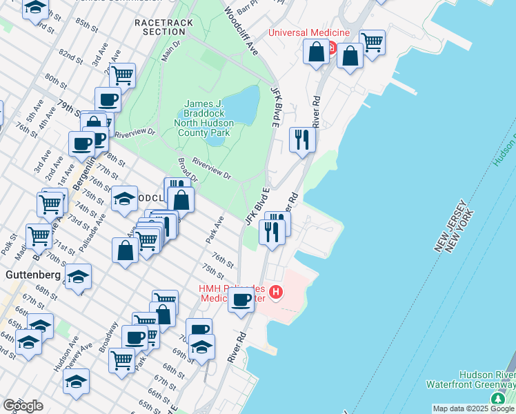 map of restaurants, bars, coffee shops, grocery stores, and more near 7800 Boulevard East in North Bergen