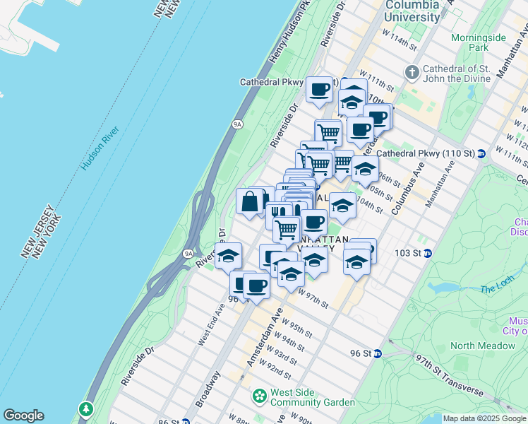 map of restaurants, bars, coffee shops, grocery stores, and more near 845 West End Avenue in New York