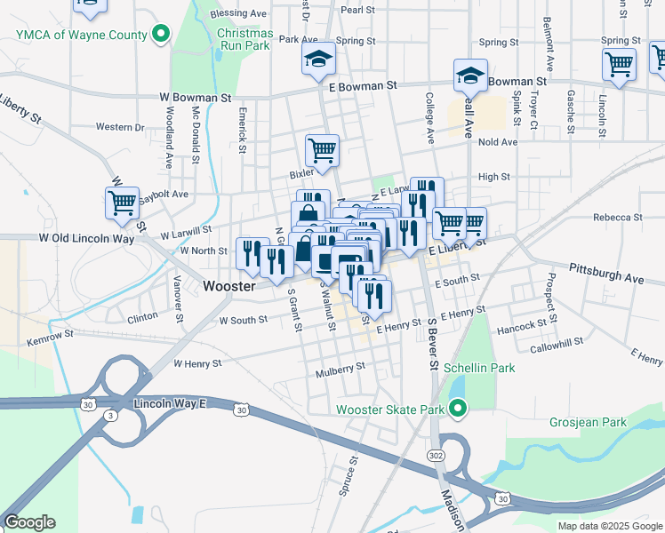 map of restaurants, bars, coffee shops, grocery stores, and more near in Wooster