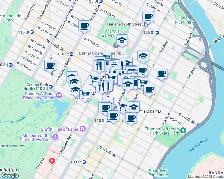 map of restaurants, bars, coffee shops, grocery stores, and more near 1607 Park Avenue in New York