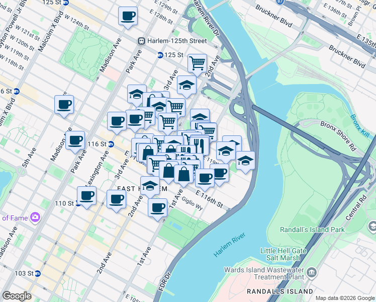 map of restaurants, bars, coffee shops, grocery stores, and more near 342 East 119th Street in New York