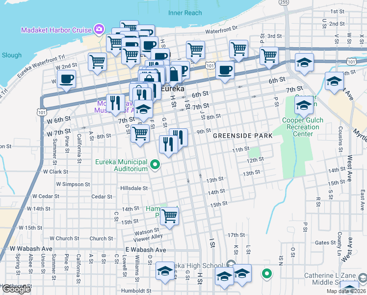 map of restaurants, bars, coffee shops, grocery stores, and more near 710 10th Street in Eureka