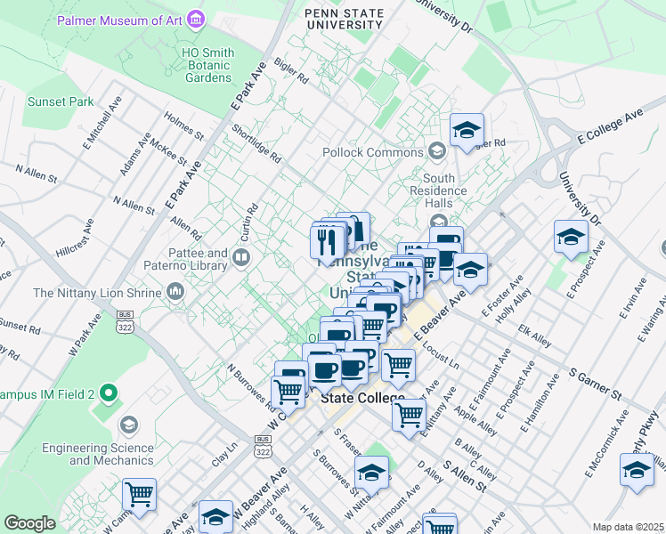 map of restaurants, bars, coffee shops, grocery stores, and more near 16802 Pollock Road in State College