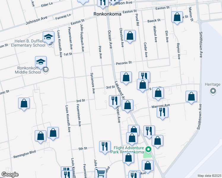 map of restaurants, bars, coffee shops, grocery stores, and more near 732 3rd Street in Ronkonkoma